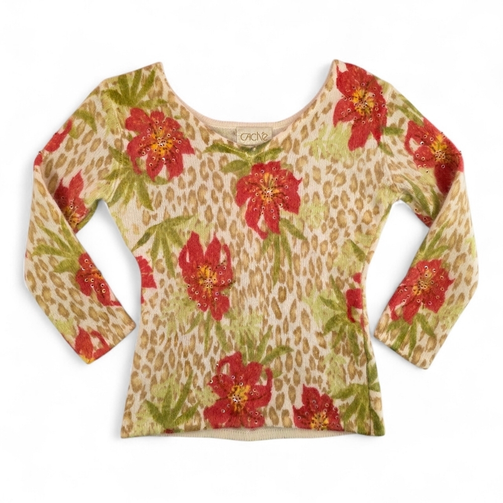 Cache Leopard Floral Angora Rabbit V-Neck Sweater XS Vintage Y2K Sequin Beaded